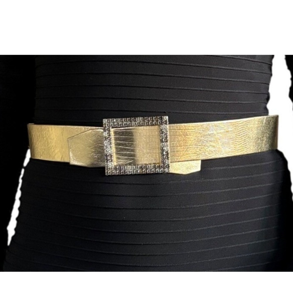 Callanan Gold Metallic Textured Leather Belt with Rhinestone Square Buckle